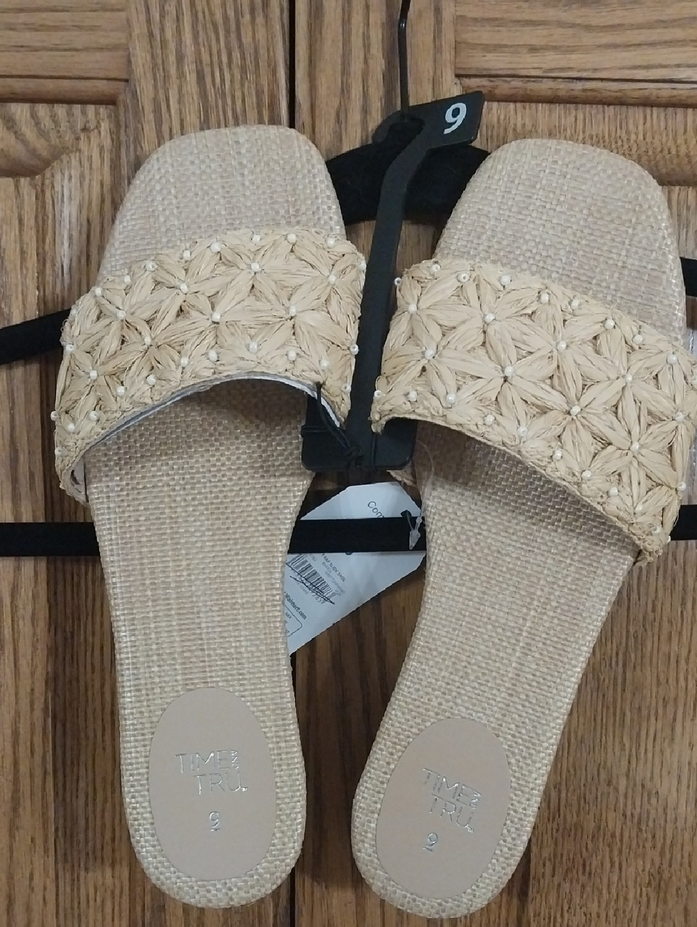 Time & Tru NWT Women's Raffia Flat Slide Sandals Tan Size 8M & 9M Coquette - Picture 3 of 6